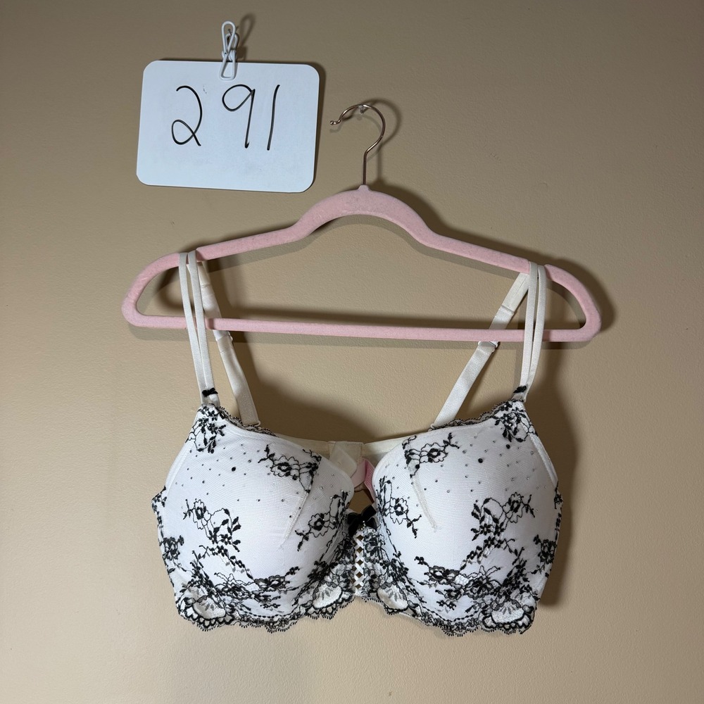 Victoria's Secret Padded Demi Bra White Black Floral Lace Rhinestone 38D